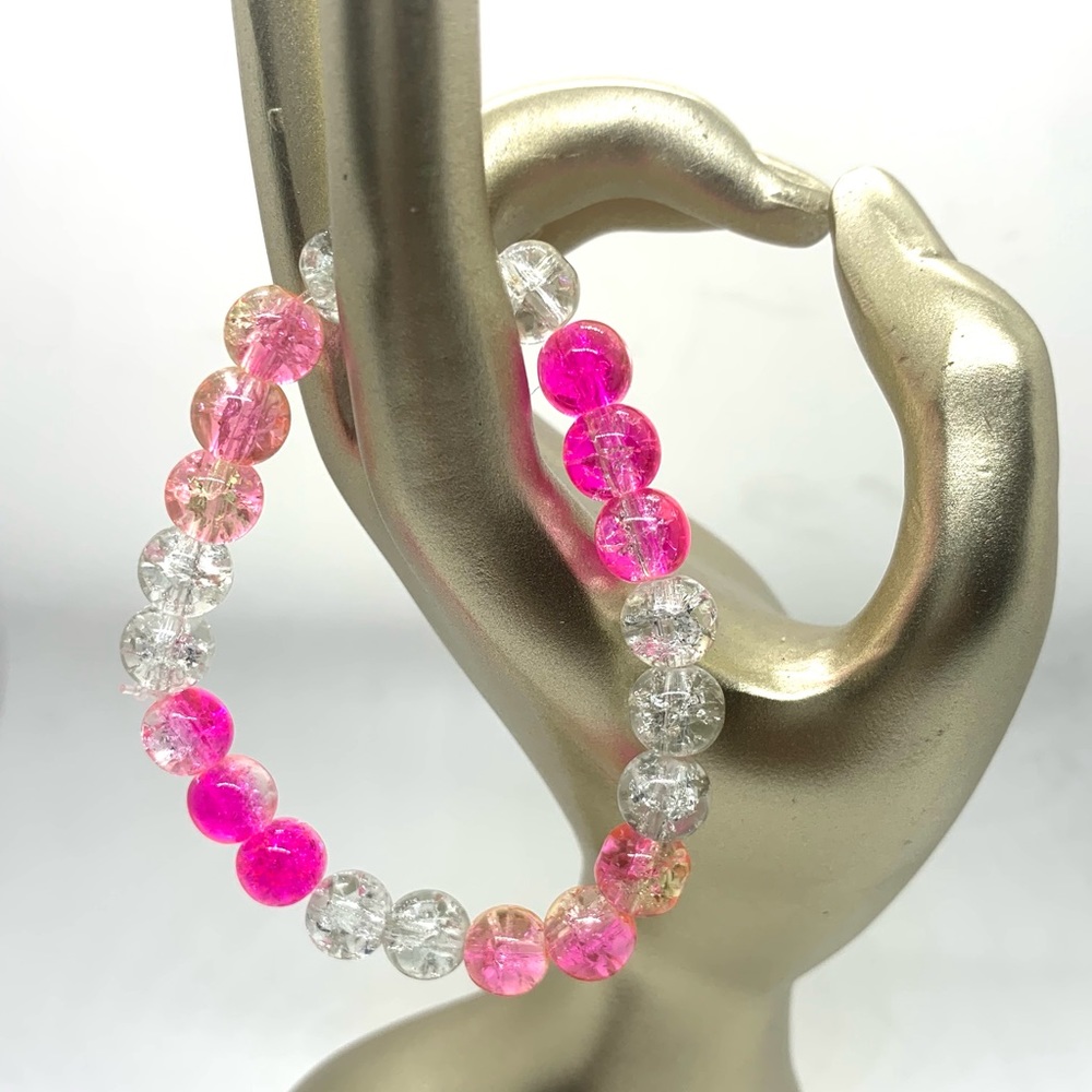 [Pink Surprise] Stretchy Pretty Elastic Crackle and Glass Beaded Bracelet
